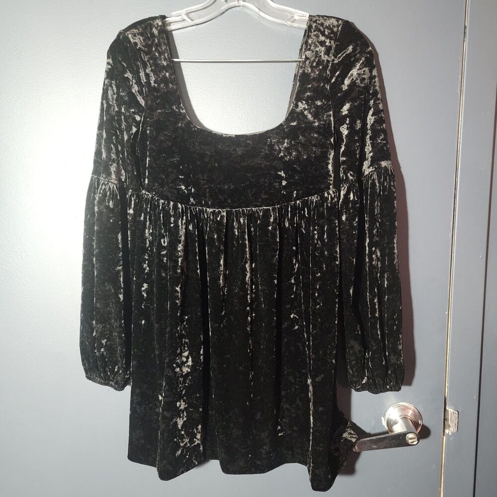 Free People black balloon sleeve Velvet babydoll empire short Dress XS